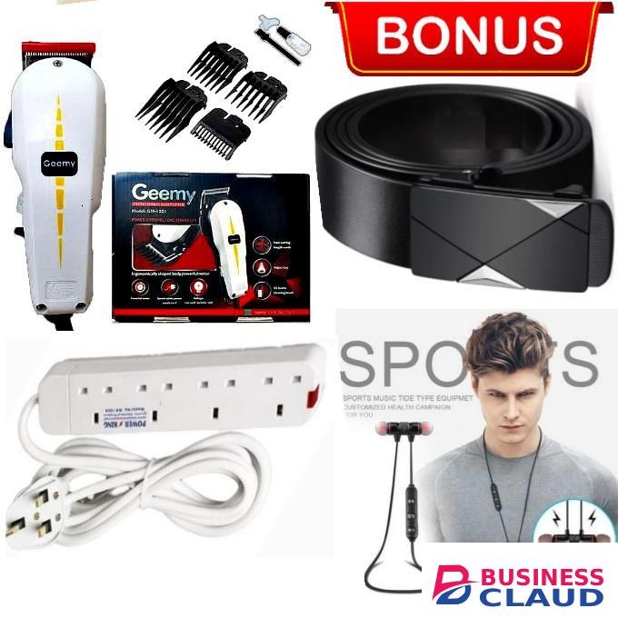 Geemy Professional Hair Clipper For Kinyozi + Free 4-Way Socket Extension ,bluetooth Earphones & Official Belt