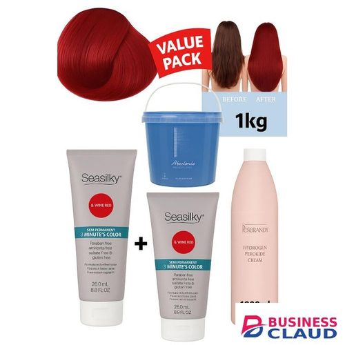 Seasilky Wine Red Hair Color Value Pack – 2x Semi-Permanent Dyes (260ml Each) + 1kg Bleach Powder + 1000ml Developer – Professional Hair Lightening & Coloring Kit with Free Gloves & Instructions- Burgundy Red Hair Dye- Maroon Hair Dye- Red Hair Dye