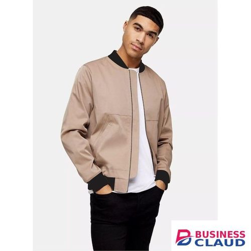 Beige Men’s Bomber Jacket Zipper Outwear With Mandarin Collar