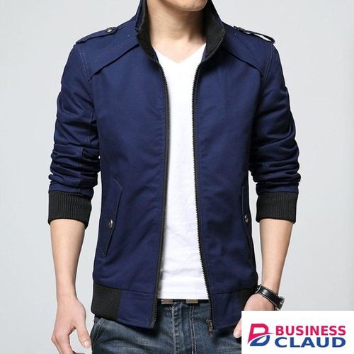 Navy Blue Wind Breaker Collar Stand Bomber Jacket Without T-Shirt