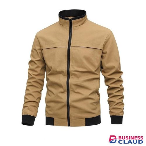 Classic Beige Bomber Jacket with Black Contrast Trim