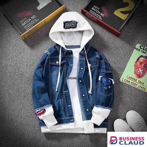 Gukbis Hooded denim jacket retro patchwork street hip-hop denim jacket - Dark Blue