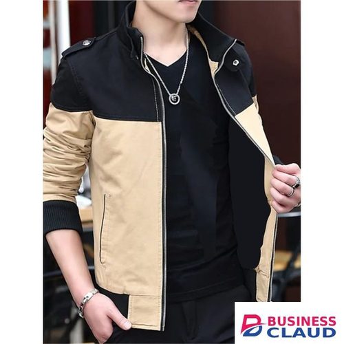 Two Tone Stand Collar Bomber Jacket/Beige-black