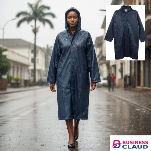 Durable Heavy Duty Waterproof Long Raincoat with Hood - Navy Blue Rain Suit for Men/Women - Durable Rain Gear Nairobi Kenya in Ebony