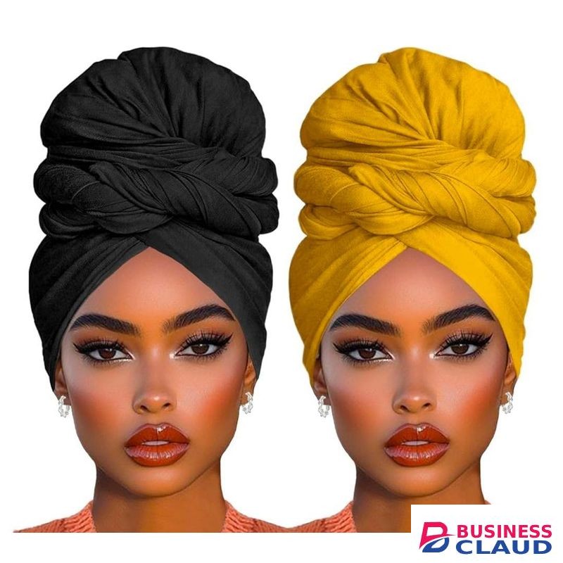 2 Piece Solid Color Stretch Jersey Head Wrap Long Scarf Muslim Headwraps Long African Women's Headwraps Stretch Hijab Extra Fashion Head Scarf Soft Head Bands for Women(Black+Turmeric)