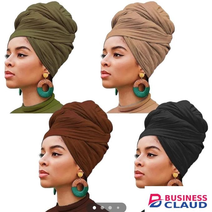 4 Pieces Stretch Head Wrap Jersey Turban Fashion Headband Solid Color Long Hair Scarf African headwraps Bohemian Soft Breathable Turbans for Women (Black, Coffee, Army Green, Camel)