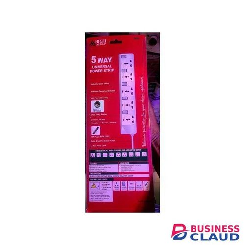 HIGH ASTRA 5 Way Extension Cable 5 Universal Outlets+ 2 USB + 1 Type C, Surge Protected, Safety Shutter, Colour Switches, 2500W Max