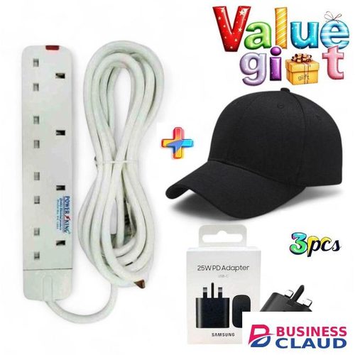 Power King SWEET HOME 4 WAY POWER EXTENSION WITH LONG CABLE//SAMSUNG 25WATTS ADAPTER PLUS FREE BLACK BASEBALL CAP