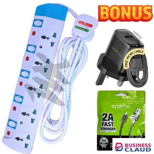 Power King Universal Standard Heavy Duty 5 Way Power Extension With Independent Safety Switch + EXTRA BONUS Fast Android Smartphone Charger and High Speed USB Data Transfer