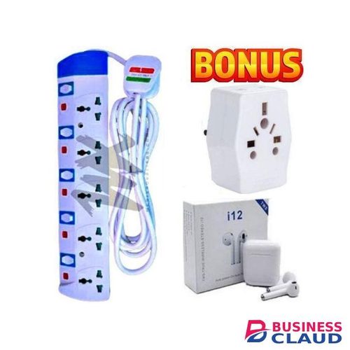 Powermax Power King BEST 5-Way Power Extension For Home Theater Systems, FREE GIFTS TRAVELLER POWER MULTIPLUG ADAPTOR & STRONG BASS BLUETOOTH EARBUDS // EARPODS