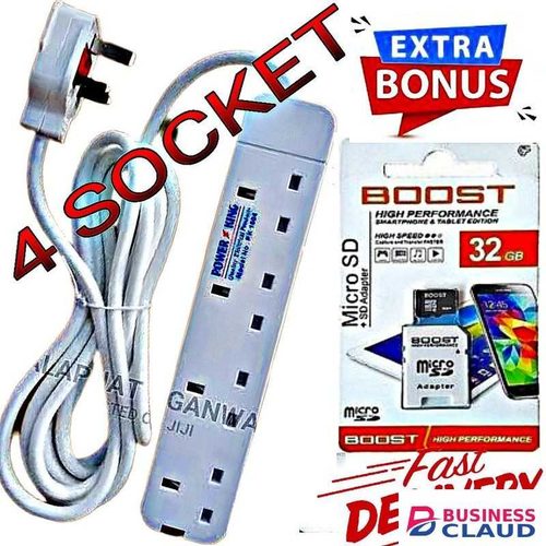 Power King Electronic 4 Way Power Extension With Long Cable + VALUE GIFT High Speed Performance Memory Card 32GB & SD ADAPTOR