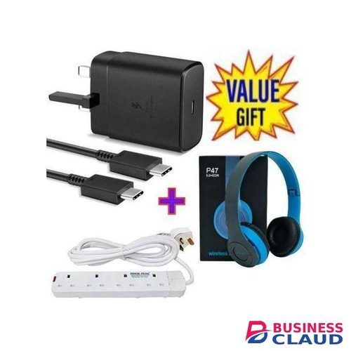 Samsung 45 W PD USB- C PD Adapter, Fast Charger For Galaxy S21/S20/Note 20, Power Delivery Wall Charger, Type-C Laptop Charging, 5V/3A 9V/3A 15V/3A 20V/2 + 4 Way Power Extension + Bluetooth Headphones