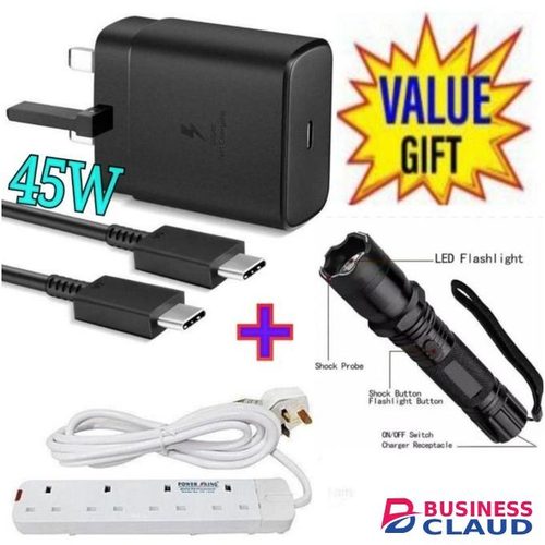 Samsung 45W PD USB-C PD Adapter, Fast Charger For Galaxy S21/S20/Note 20, Power Delivery Wall Charger, Type-C Laptop Charging, 5V/3A 9V/3A 15V/3A 20V/2 + 4 Way Power Extension +Electric Shock Torch