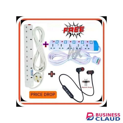Power King 6 Way Power Extension Cable + Free 5 Way Power Extension Cable & Neckband Bluetooth Earphones