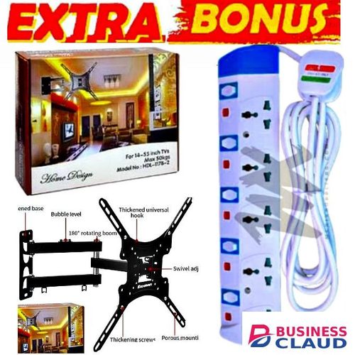 Power King BEST TWO QUALITY 5-Way POWER EXTENSION // 5 Way Plug Socket Power Outlet EXTENSION Socket With Safety Switches FOR 32, 43 & 55 INCH SMART ANDROID FRAMELESS TV FULL HD // 5WAY EXTENTION + METALLIC ROTATING 14"-55" TILT MOVING WALL MOUNT BRACKET