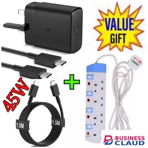 Samsung 45W PD USB-C PD Adapter, Fast Charger for Galaxy S21/S20/Note 20, Power Delivery Wall Charger, Type-C Laptop Charging, 5V/3A 9V/3A 15V/3A 20V/2 + Free 4Way Power Extension