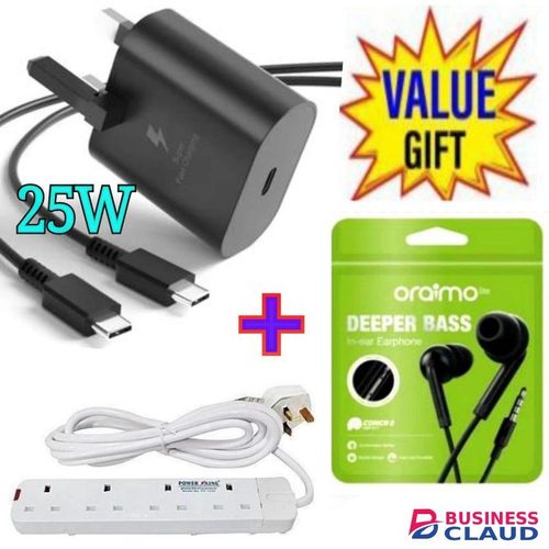 Samsung A15 Super Fast 25W USB C Charger Adapter For Type C Devices +4 Way Power Extension + Oraimo Earphone