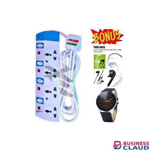 Powermax Power King 4-Way Power Power Accessories Heavy Duty// Power Socket Extension Cable 4 Way With Safety Switches+ VALUE GIFTS Earphones, Watch