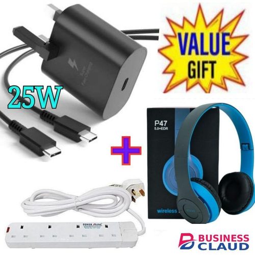 Samsung A15 Super Fast 45W USB C Charger Adapter For Type C Devices +4 Way Power Extension + Bluetooth Headphones