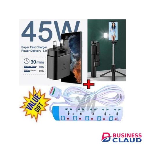 Samsung 45W PD USB-C PD Adapter, Fast Charger for Galaxy S21/S20/Note 20, Power Delivery Wall Charger, Type-C Laptop Charging, 5V/3A 9V/3A 15V/3A 20V/2 +Tripod Stand Selfie Stick +5 Way Power Extension