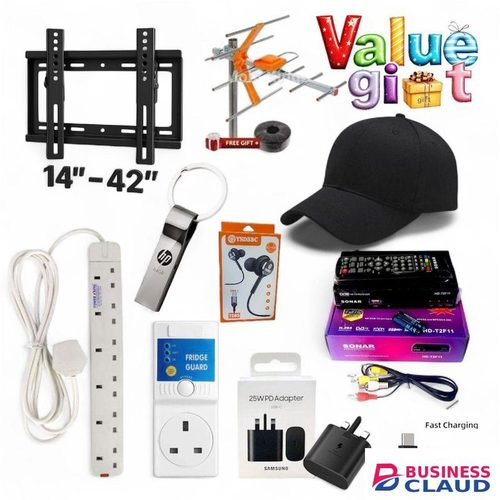 Power King SWEET HOME 6 WAY POWER EXTENSION WITH LONG CABLE //"14-42"WALL MOUNT//DIGITAL TV AERIAL PLUS 10MTR CABLE//HP64GB FLASH//BLACK CAP//DECORDER//25WATTS CHARGER&CABLE//FRIDGE GUARD//TYPE C EARPHONES