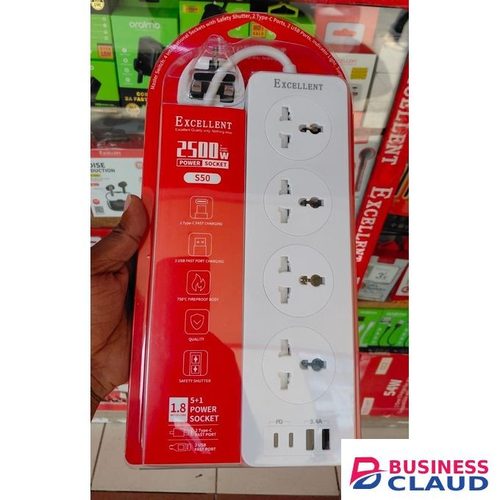 EXCELLENT 2500W 4-Power extension,2 USB & 2 PD Ports Power Strip- White