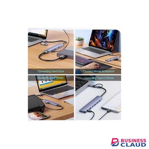 High-speed 7-in-1 USB 3.0 data transfer adapter, multiport extension with Type-C and USB-A connectors, compatible with tablets, supports 5V operating voltage, USB powered