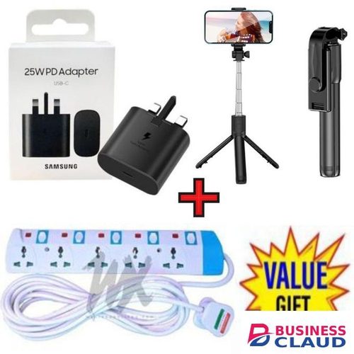 Samsung USB-C Super Fast Charging Power Adapter,25W PD Charger Block for Galaxy A06,A06S,A16, A26,A36,A56, A05, A05s, A14, A15,A13,A35,A04S,S24 Ultra S23 Ultra/S23/S23+ 5Way Power Extension +Selfie Stick