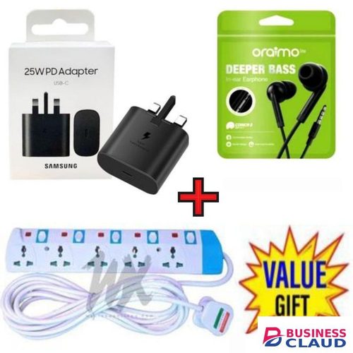 Samsung USB-C Super Fast Charging Power Adapter,25W PD Charger Block for Galaxy A06,A06S,A16, A26,A36,A56, A05, A05s, A14, A15,A13,A35,A04S,S24 Ultra S23 Ultra/S23/S23+ 5Way Power Extension +Oraimo Earphones