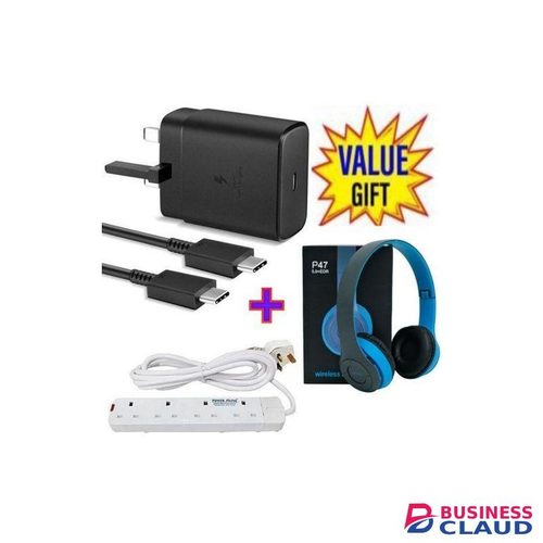 Samsung 45W PD USB-C PD Adapter, Fast Charger For Galaxy S21/S20/Note 20, Power Delivery Wall Charger, Type-C Laptop Charging, 5V/3A 9V/3A 15V/3A 20V/2 + 4 Way Power Extension + Bluetooth Headphones