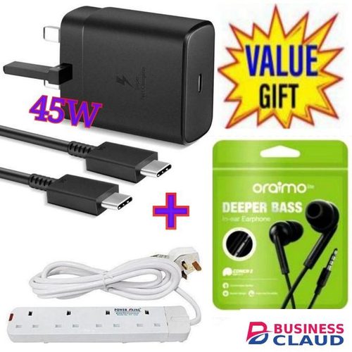 Samsung 45W PD USB-C PD Adapter, Fast Charger For Galaxy S21/S20/Note 20, Power Delivery Wall Charger, Type-C Laptop Charging, 5V/3A 9V/3A 15V/3A 20V/2 + 4 Way Power Extension +Earphones