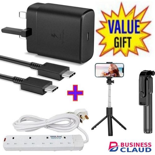 Samsung 45W PD USB-C PD Adapter, Fast Charger For Galaxy S21/S20/Note 20, Power Delivery Wall Charger, Type-C Laptop Charging, 5V/3A 9V/3A 15V/3A 20V/2 + 4 Way Power Extension +Tripod Stand Selfie Stick