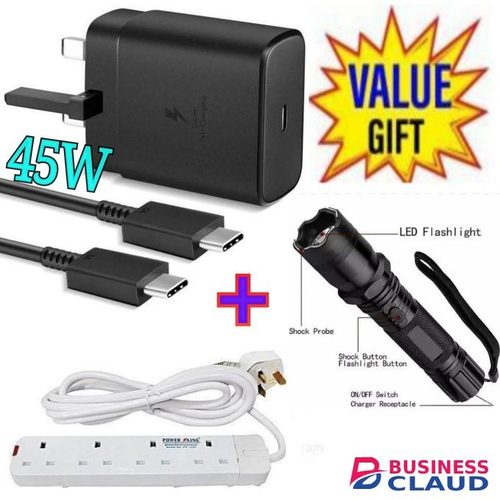 Samsung 45W PD USB-C PD Adapter, Fast Charger For Galaxy S21/S20/Note 20, Power Delivery Wall Charger, Type-C Laptop Charging, 5V/3A 9V/3A 15V/3A 20V/2 + 4 Way Power Extension +Electric Shock Light Torch