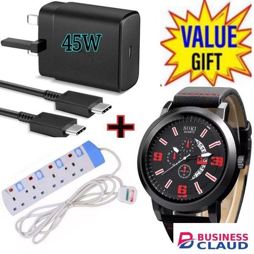 Samsung Super Fast 45W PD USB-C PD Adapter, Fast Charger for Galaxy S21/S20/Note 20, Power Delivery Wall Charger, Type-C Laptop Charging, 5V/3A 9V/3A 15V/3A +WATCH +4 WAY POWER EXTENSION