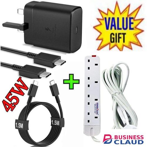 Samsung 45W PD USB-C PD Adapter, Fast Charger for Galaxy S21/S20/Note 20, Power Delivery Wall Charger, Type-C Laptop Charging, 5V/3A 9V/3A 15V/3A 20V/2 + Free 4 Way Power Extension-White