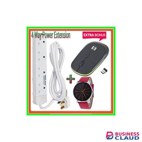 Powermax Power King 4 Way Power Extension +Free Wireless Mouse, Watch