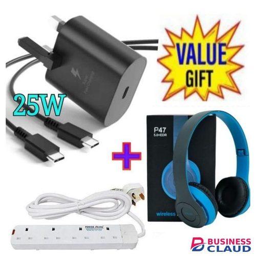 Samsung Super Fast 25W USB C Charger Adapter For Type C Devices +4 Way Power Extension + Bluetooth Headphones