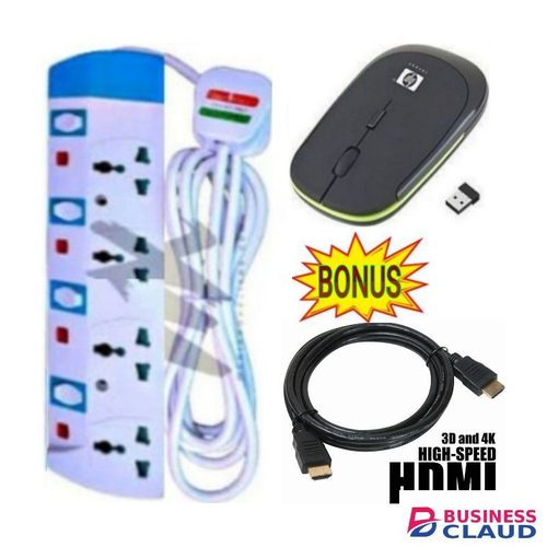 Power King Universal Electric 4 Way Power Outlets // Electronic 4 -Way Power Extension With Safety Switches + VALUE GIFTS Wireless Optical Mouse, High Speed Quality Hdmi