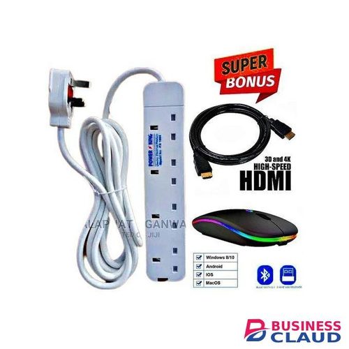 Powermax Power King 4-Way Power Extension Socket + GIFT Wireless Mouse, HDMI Cable
