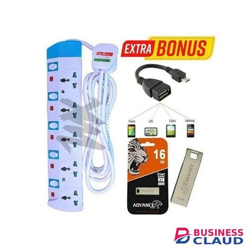 Powermax Power King Durable 5 Way Power Extension With Independent Switch + Free High Speed Flash Drive 16GB, OTG