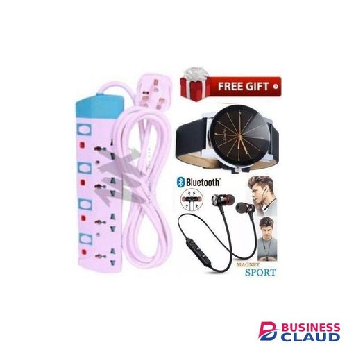Powermax Power King 4-Way Power Extension with Long Reach Cable + Free Neckband Earphones & Timeless Classic Watch