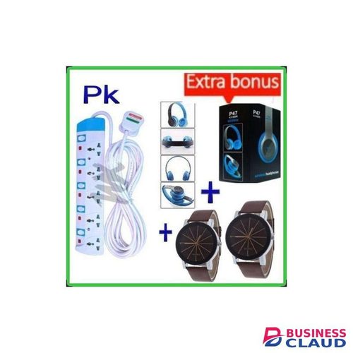 Powermax Power King 5-Way Power Extension Socket+P47 Headphone +2 lovers watches
