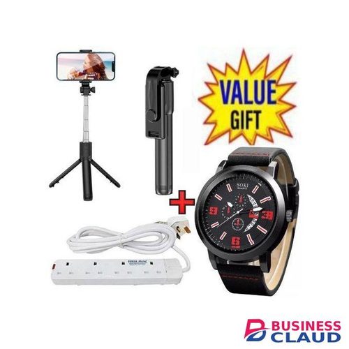 Powermax Power King HOME BEST 4 WAY POWER EXTENSION WITH LONG CABLE+LUXURY MEN WATCH +TRIPOD STAND SELFIE STICK