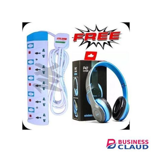 Powermax Power King 5 Way Power Extension - White + FREE P47 Wireless Bluetooth Headphone GIFT