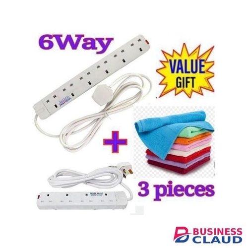 Powermax Power King 6Way> Power Extension Socket 3m Cable In 6 Way + Free Face Towels