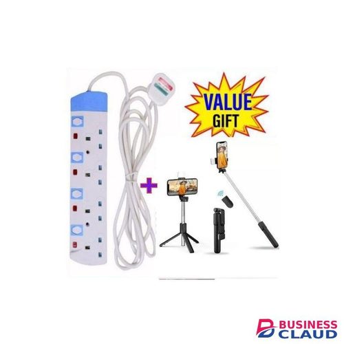 Powermax Power King COMMERCIAL & HOME BEST 4-WAY POWER EXTENSION WITH LONG CABLE +FREE TRIPOD STAND SELFIE STICK