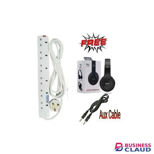 Powermax Power King Long Lasting 6 Way Power Extension Socket 3M Cable + Headphone+ Aux Cable