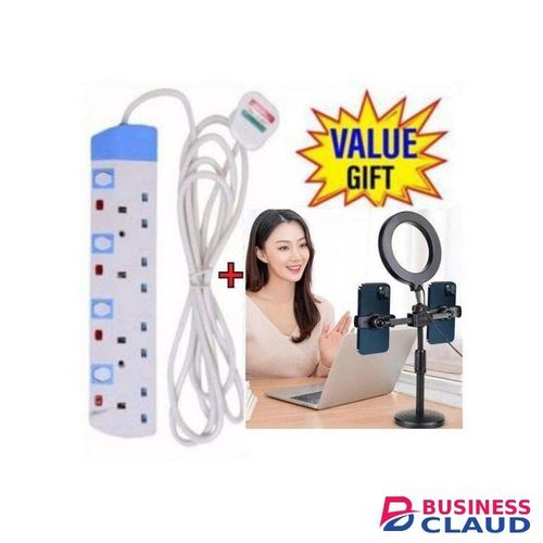 Powermax Power King HOME BEST 4 WAY POWER EXTENSION WITH LONG CABLE+FREE Mini Ring Light with 2 phone holders