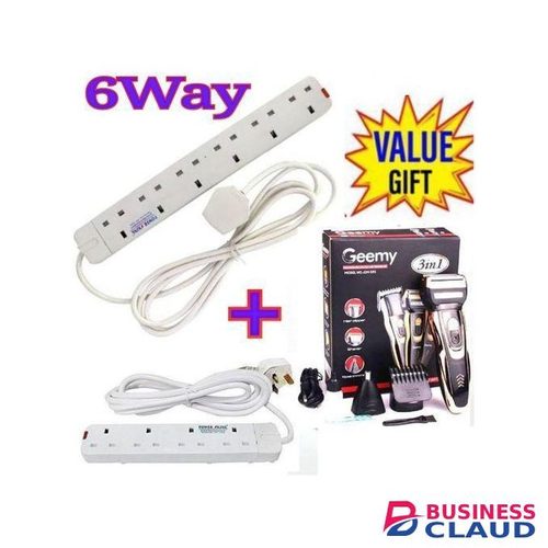 Powermax Power King 6Way> Power Extension Socket 3m Cable In 6 Way + Free 3in 1 Rechargeable Hair Clipper