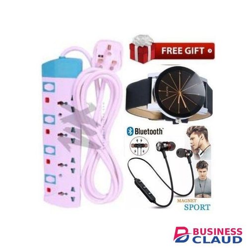 Power King 4-Way Power Extension with Long Cable + Complimentary Bluetooth Earphones & Elegant Watch